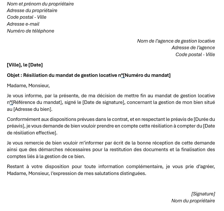 Lettre de résiliation d'un mandat de gestion locative